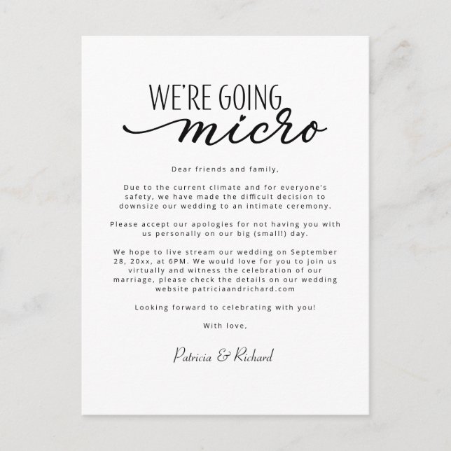 We're Going Micro Downsize Wedding Announcement Postcard (Front)