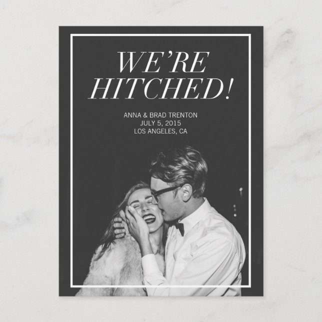 We're Hitched | Modern Photo Wedding Announcement Postcard (Front)