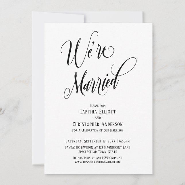 We're Married Elaborate Script, Black and White Invitation (Front)
