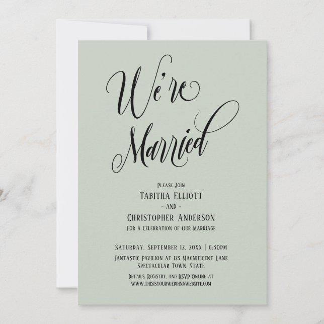 We're Married Elaborate Script, Light Sage Green Invitation (Front)