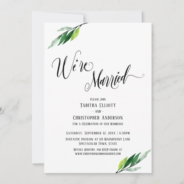 We're Married Flourishing Script and Greenery Invitation (Front)