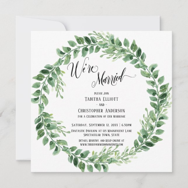 We're Married Green Wreath Reception-Only Invitation (Front)