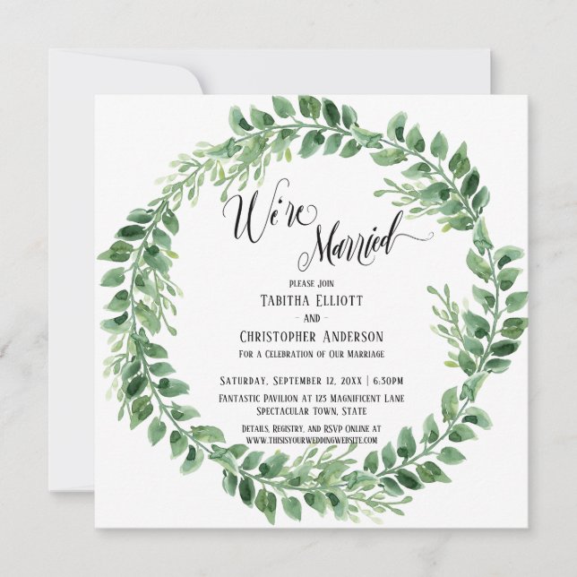We're Married Green Wreath Reception-Only Invitation (Front)