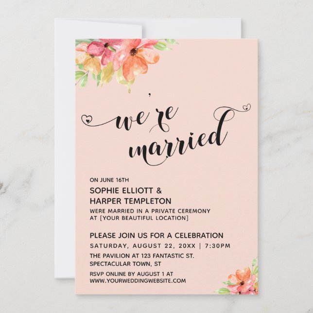 We're Married Hearts Script Blush Boho Florals Invitation (Front)