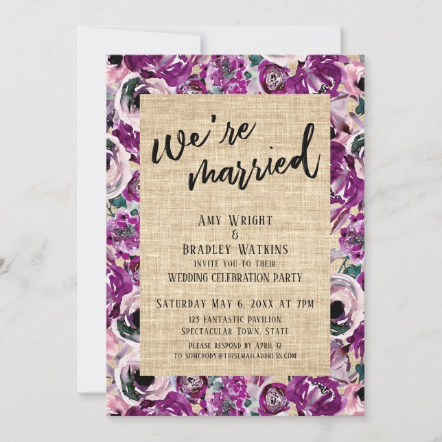 We're Married Pink Painted Floral Burlap Reception Invitation (Front)
