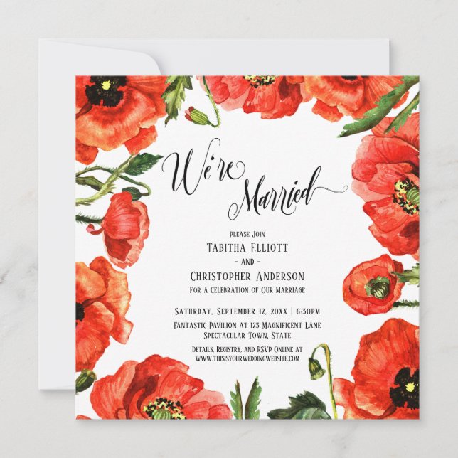 We're Married Red Poppies Wreath Reception-Only Invitation (Front)