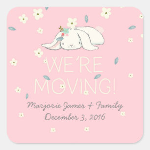 We're Moving Pink and Beige Bunnies with Flowers Square Sticker