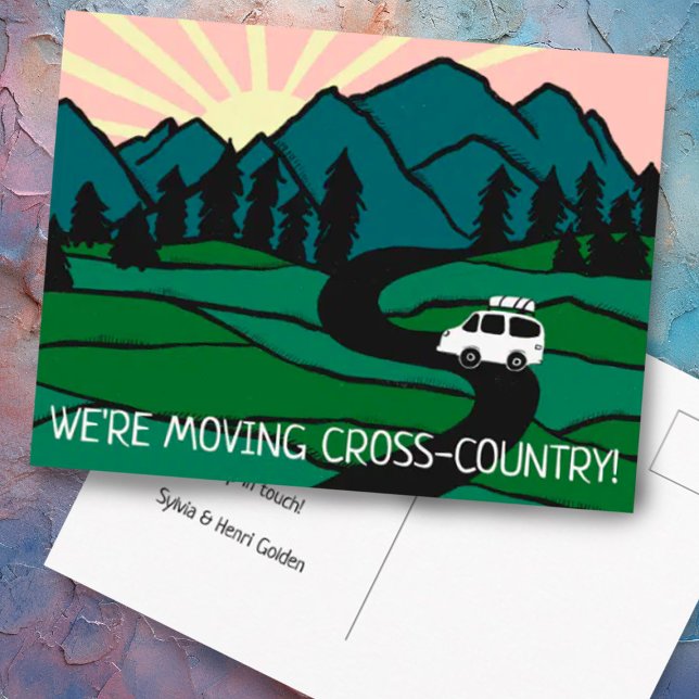 We're Moving Van Mountains Vanlife Sunrise Postcard (Let people know you are moving with this cute van in the mountains custom postcard)