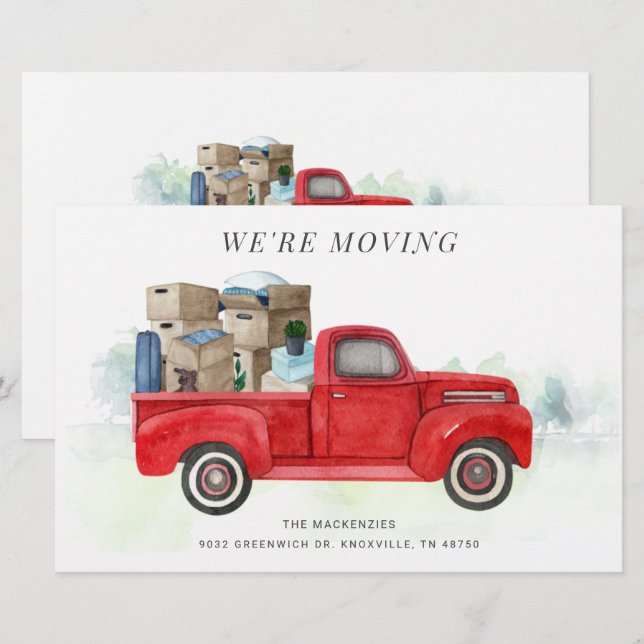 We're Moving Watercolor Red Truck Address Change Stationery (Front/Back)