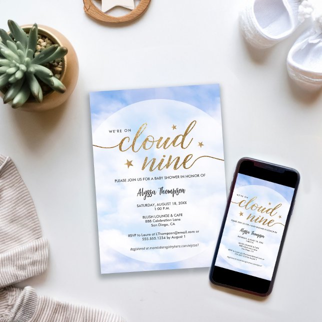We're on Cloud 9 Baby shower Gender Neutral Invitation (Cloud 9 baby shower theme gold and blue digital and print invitation.)