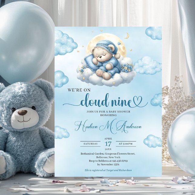 We're on cloud nine cute teddy bear sleeping boy invitation (we are on cloud nine sleeping teddy bear boy baby shower invitation)