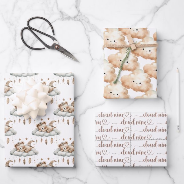 We're on cloud nine gender neutral boho feathers wrapping paper sheet (Front)