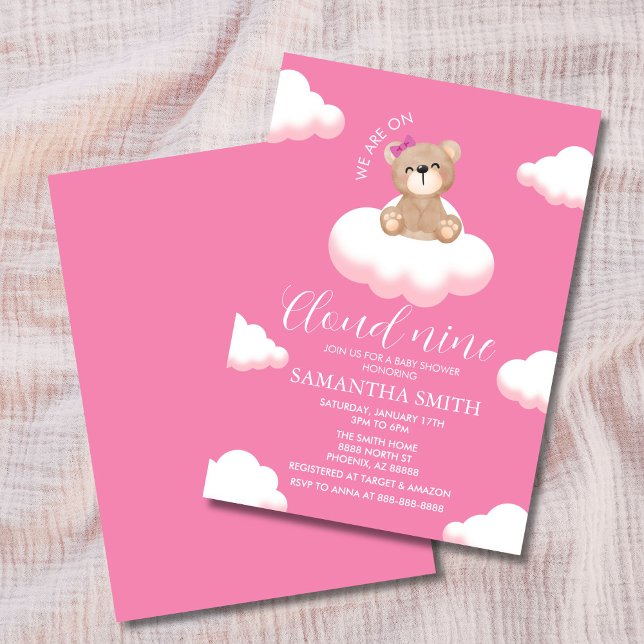 We're on Cloud Nine Pink Girl Bear Baby Shower Invitation (Minimalist pink baby shower invitation with smiling teddy bear sitting on fluffy white clouds)
