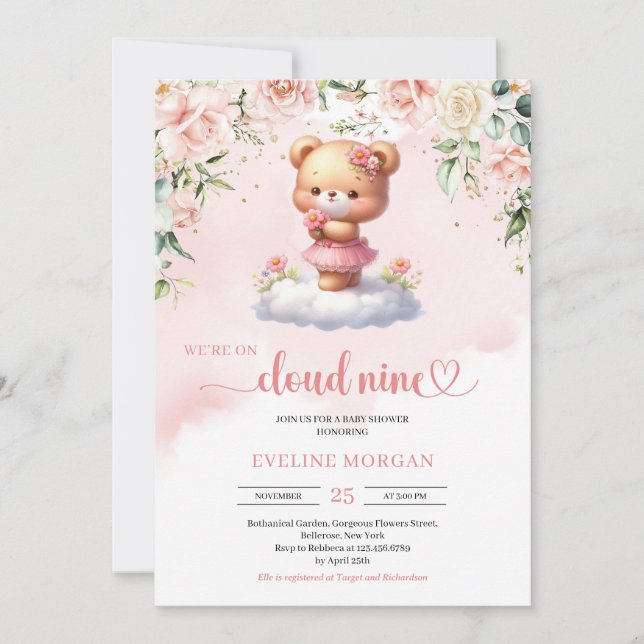 We're on cloud nine teddy bear girl baby shower invitation (Front)