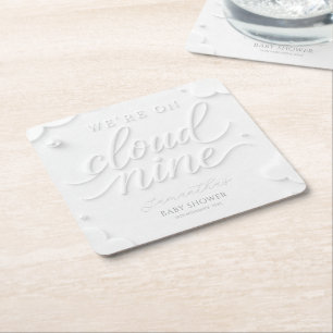 We're on Cloud Nine White Clouds Baby Shower Square Paper Coaster