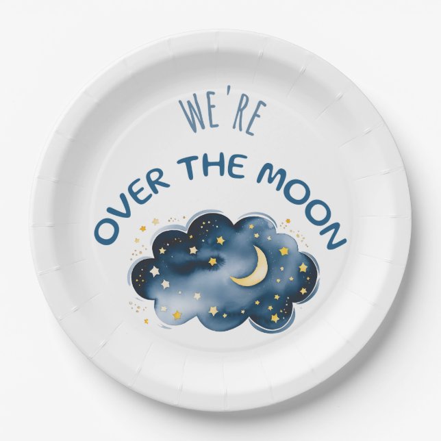 We're Over The Moon Baby Shower Paper Plate (Front)