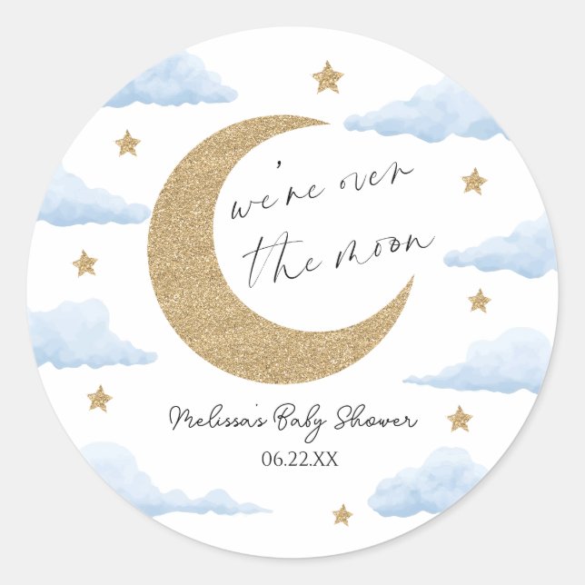 We're Over The Moon Blue Celestial Baby Shower Classic Round Sticker (Front)