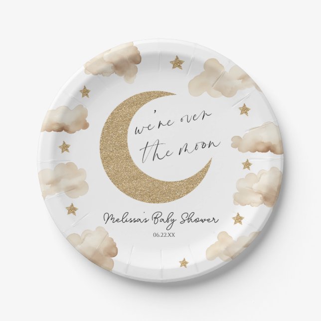 We're Over The Moon Boho Celestial Baby Shower Paper Plate (Front)