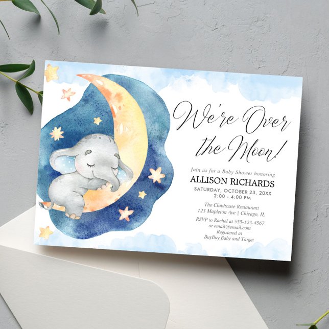 We're over the moon elephant blue boy baby shower invitation (Creator Uploaded)