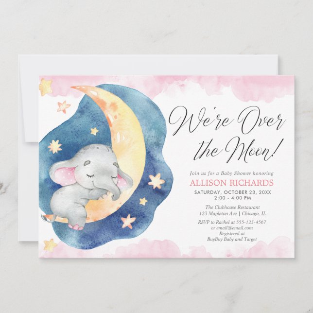 We're over the moon elephant pink girl baby shower invitation (Front)