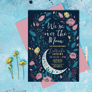 We're Over the Moon Floral Pink Yellow Baby Shower Invitation