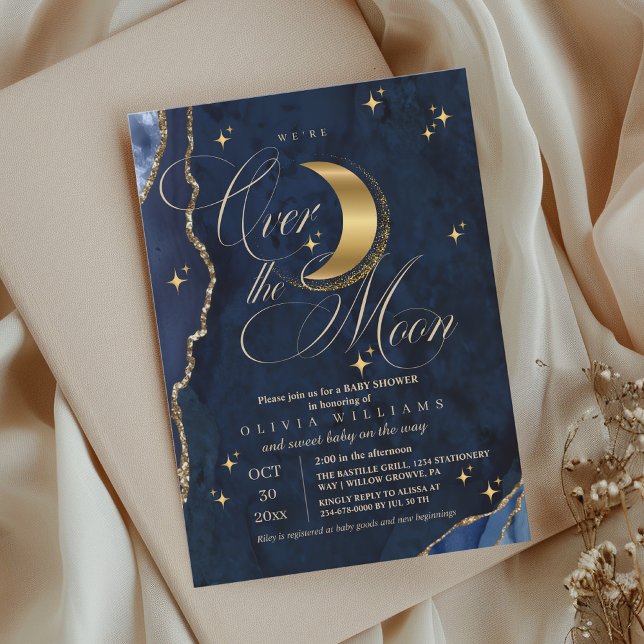 We're Over the Moon Gold Stars Blue Baby Shower  Invitation (Creator Uploaded)