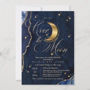 We're Over the Moon Gold Stars Blue Baby Shower  Invitation