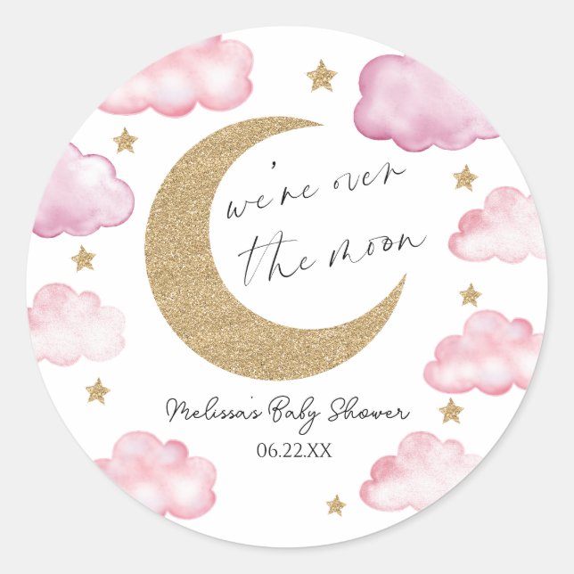 We're Over The Moon Pink Celestial Baby Shower Classic Round Sticker (Front)