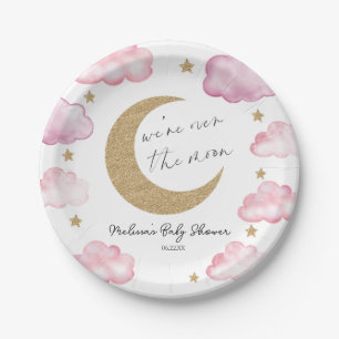 We're Over The Moon Pink Celestial Baby Shower Paper Plate