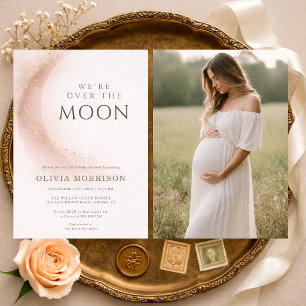We're Over The Moon Pink Photo Baby Shower Invitation