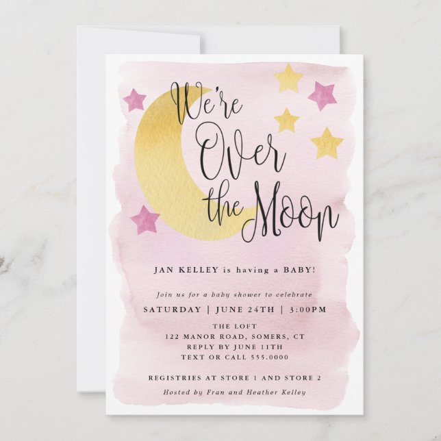 We're Over the Moon, Pink Watercolor Baby Shower Invitation (Front)