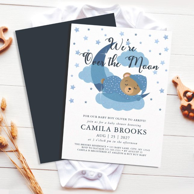 We're Over The Moon Sleeping Bear Boy Baby Shower Invitation (Creator Uploaded)