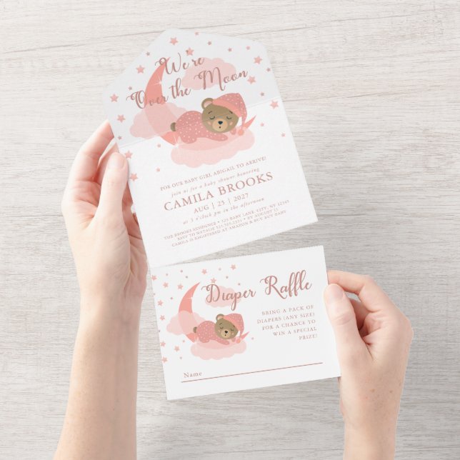 We're Over The Moon Sleeping Bear Girl Baby Shower All In One Invitation (Tearaway)