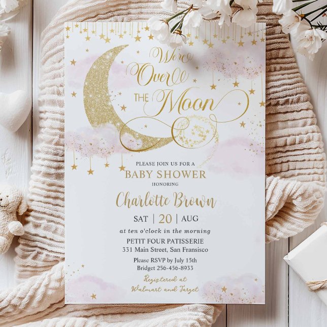 We're Over the Moon Stars Pink Gold Baby Shower Invitation (Creator Uploaded)