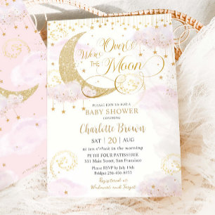 We're Over the Moon Stars Pink Gold Baby Shower Invitation