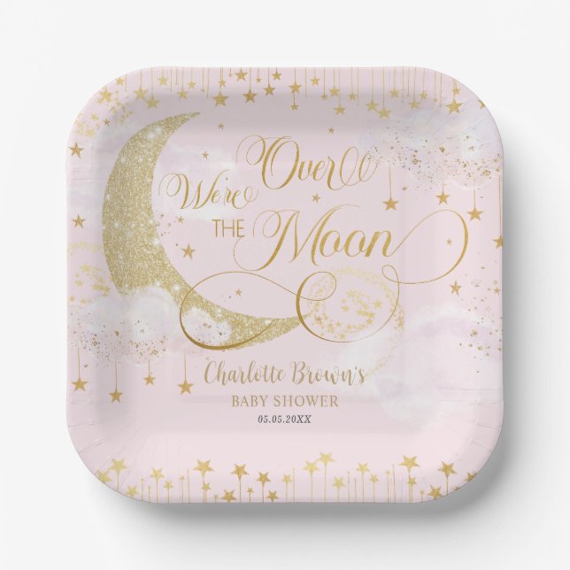 We're Over the Moon Stars Pink Gold Baby Shower Paper Plate (Front)