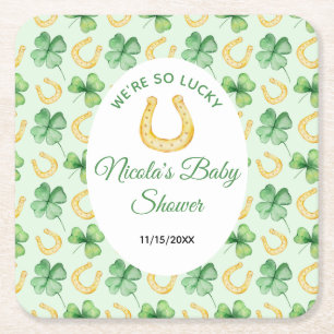 We're So Lucky Horseshoe St Patrick's Baby Shower Square Paper Coaster