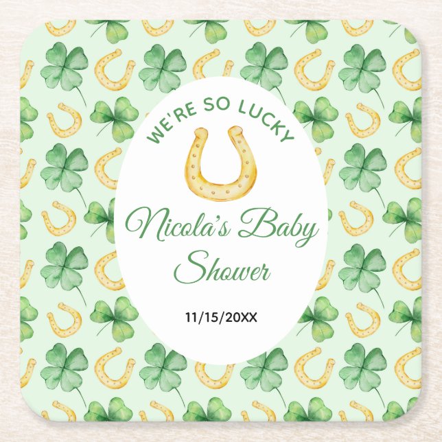 We're So Lucky Horseshoe St Patrick's Baby Shower Square Paper Coaster (Front)