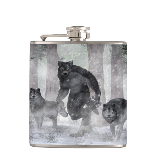 Werewolf and Wolves Hip Flask (Front)