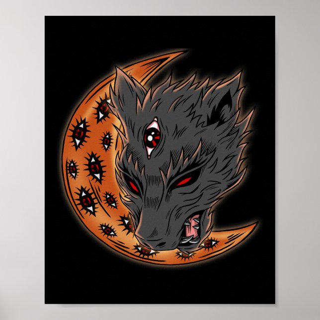 Werewolf Halloween Crescent Moon Horror Eyes Goth  Poster (Front)