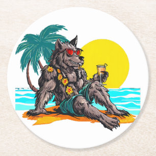 werewolf on vacation round paper coaster