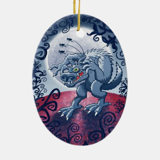 Werewolf Scratching Spooky Fleas Ceramic Tree Decoration (Back)