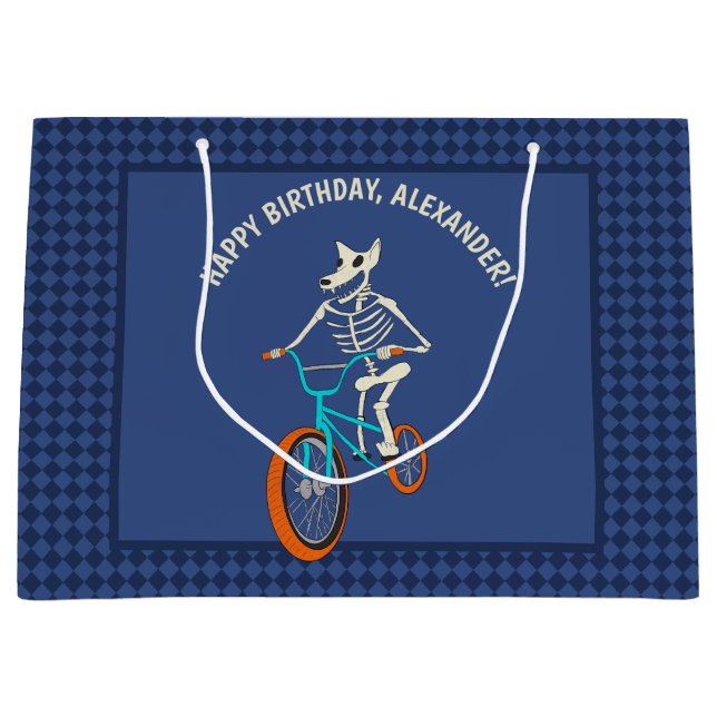 Werewolf Skeleton on a BMX Bike Boys Birthday Large Gift Bag (Front)