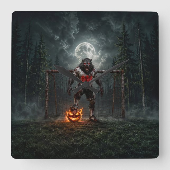 Werewolf Soccer Player Halloween Horror Art Square Wall Clock (Front)
