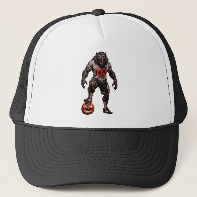 Werewolf Soccer Player Halloween Horror Art Trucker Hat (Front)