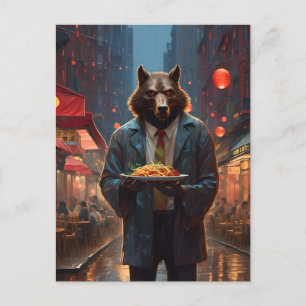 werewolf with a big dish of beef chow mein postcard