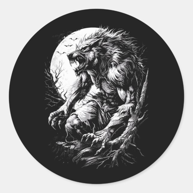 Werewolf Wolf Howling at Full Moon Classic Round Sticker (Front)