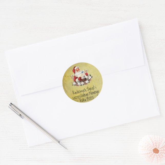 Wesołych Świąt Merry Christmas Card Polish Santa Classic Round Sticker (Envelope)