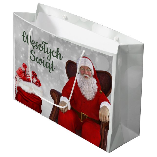 Wesołych świąt Merry Christmas Card Polish Santa Large Gift Bag (Front Angled)