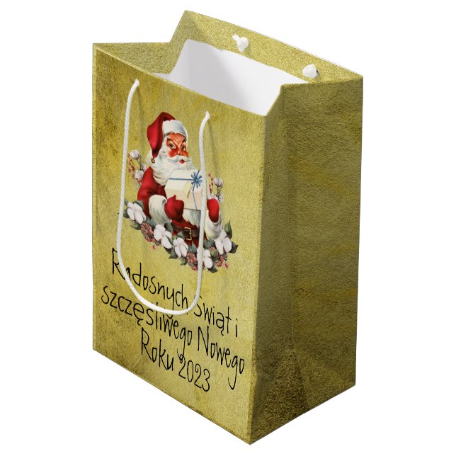 Wesołych Świąt Merry Christmas in Polish Gold Medium Gift Bag (Front Angled)